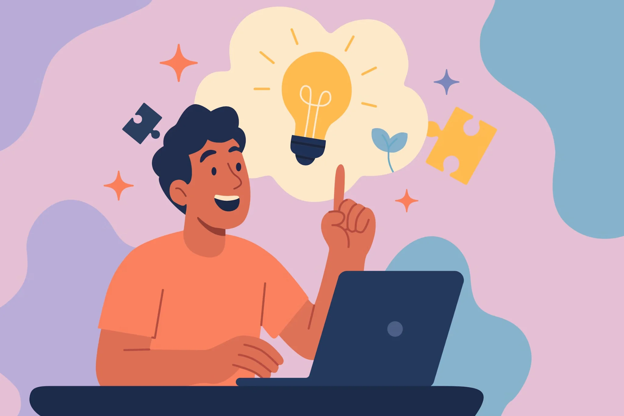 Illustration of a person having an idea while working on a laptop