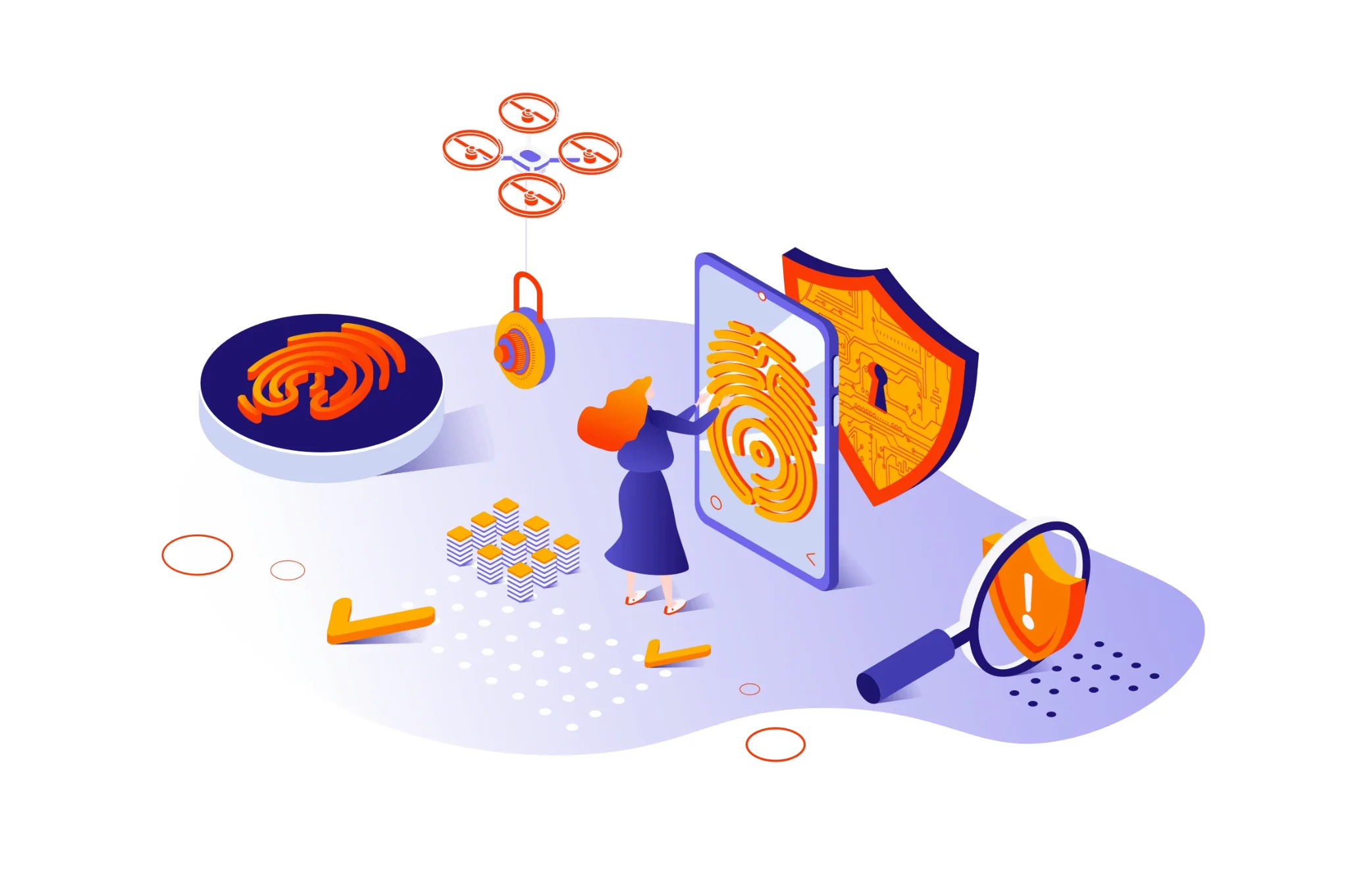 Illustration of digital security with fingerprint authentication and data protection icons